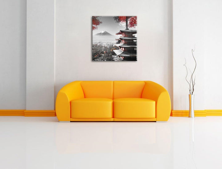 Pixxprint Japanischer Tempel im Herbst Schwarz/Weiss, Format: 70x70 auf Leinwand, 70x70