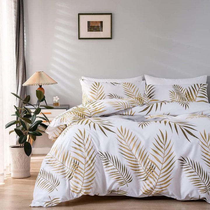 Damier Bettwäsche 155x220cm Gold Weiss Blätter Muster Deckenbezug Weiche Microfaser Bettbezug Set mi