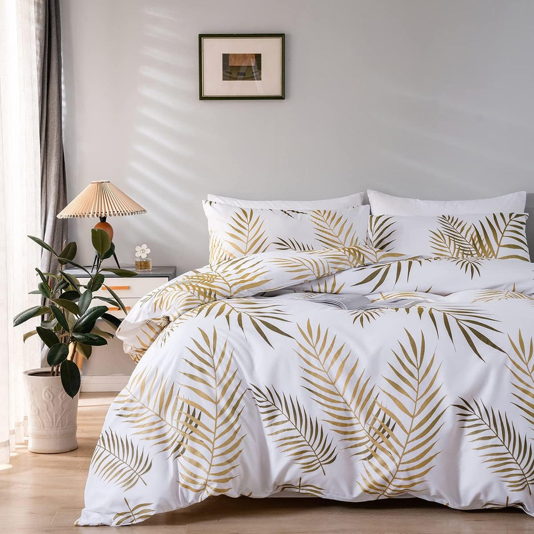 Damier Bettwäsche 135x200cm Gold Weiss Blätter Muster Bettbezug Set 2 Teilig Weiche Microfaser Decke
