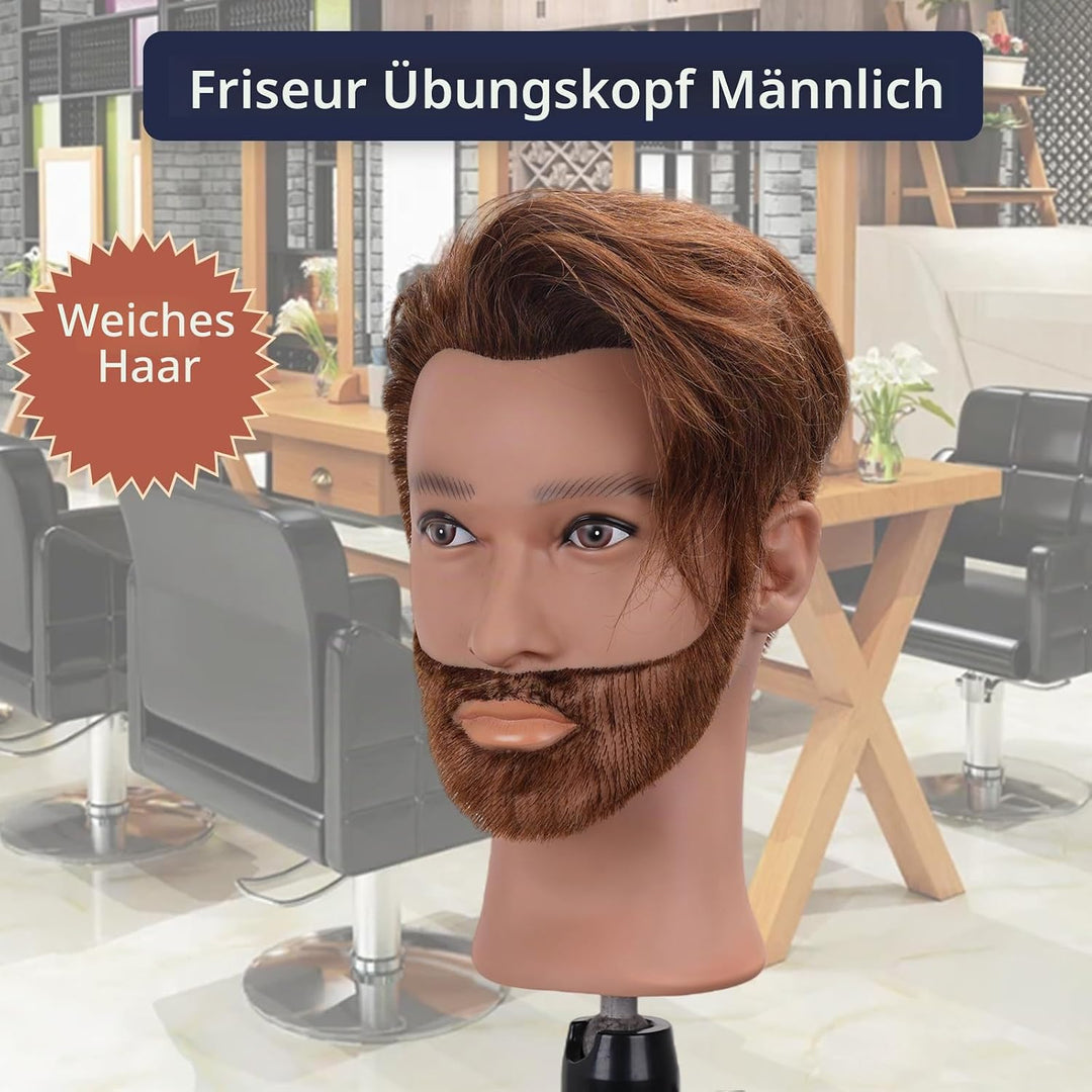 Mann Frisierkopf 100% Echthaar mit Bart, Frisurenkopf Männlicher Haarschnitt Übungskopf mit Braun Ha