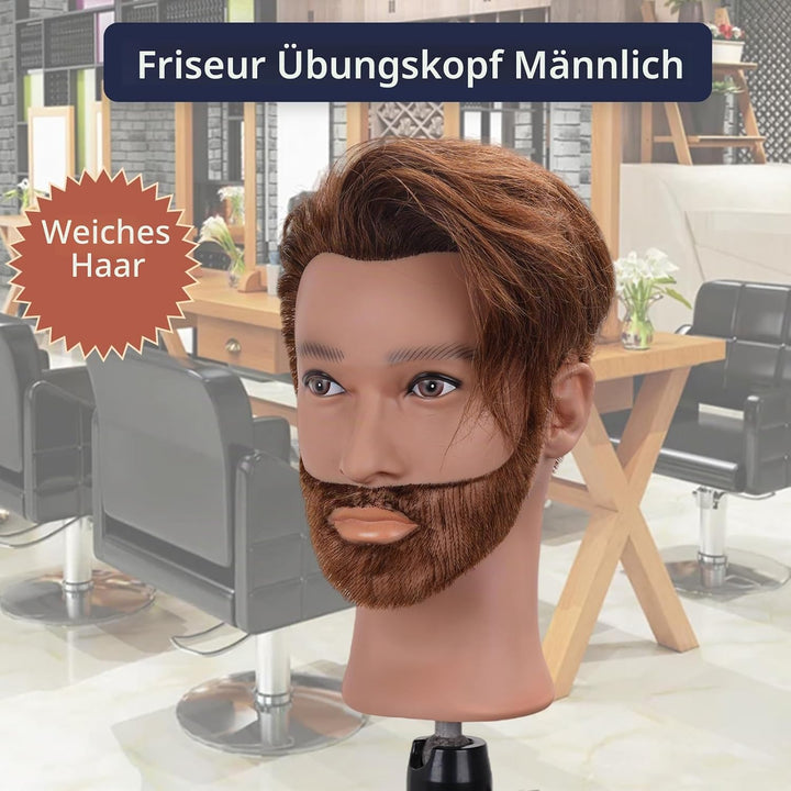 Mann Frisierkopf 100% Echthaar mit Bart, Frisurenkopf Männlicher Haarschnitt Übungskopf mit Braun Ha