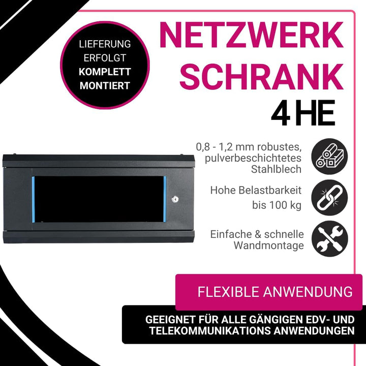 Koscom Connect Netzwerkschrank 4 HE I Serverschrank 19 Zoll I Wandmontage I 450 mm Tiefe I 600 x 450