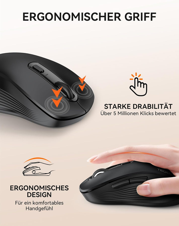 TECKNET Bluetooth Maus, Maus Kabellos (Tri-Modus: BT 5.0/3.0+2.4G) 4800 DPI Leise Mouse, Funkmaus mi