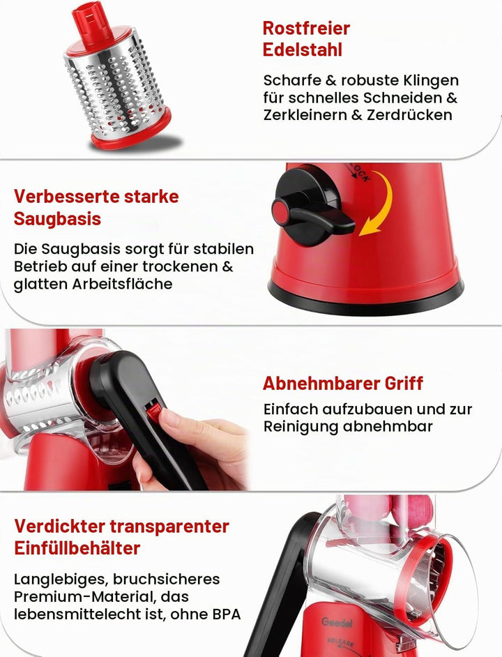 Geedel Käsereibe mit Kurbel, Gemüsehobel mit 5 Edelstahl Austauschbaren Trommelklingen, Starkem Saug