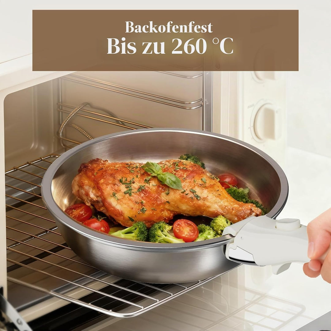 10Stk Topfsets Edelstahl Pfannenset mit Abnehmbaren Griffen, Pfanne 24cm, Topf 18/20cm, Stapelbar To