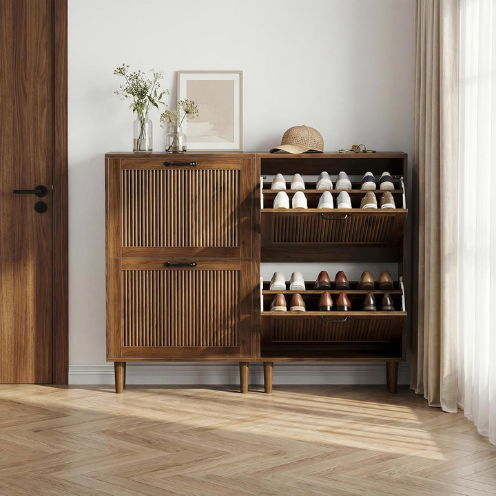 Semiocthome Zweilagiger Schuhschrank aus Holz mit Kipp-Mechanismus und Metallgriffen in Retro-Optik