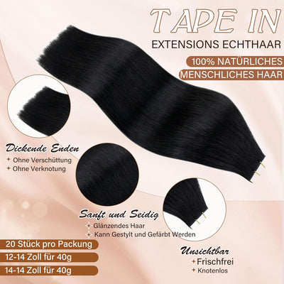 Hetto Tape in Extensions Echthaar Schwarz Haarverlängerung Tape Echthaar Remy Tape in Extensions Sch