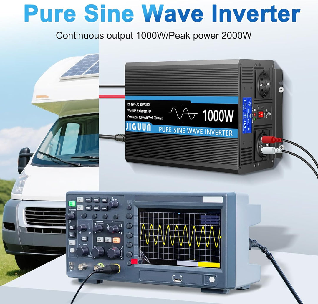 JIGUUN 1000W 2000W Wechselrichter Reiner Sinus Spannungswandler 12v 230v Mit 30A-Ladegerät und Netzv