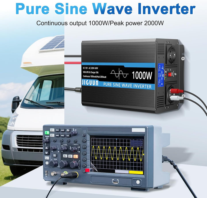 JIGUUN 1000W 2000W Wechselrichter Reiner Sinus Spannungswandler 12v 230v Mit 30A-Ladegerät und Netzv