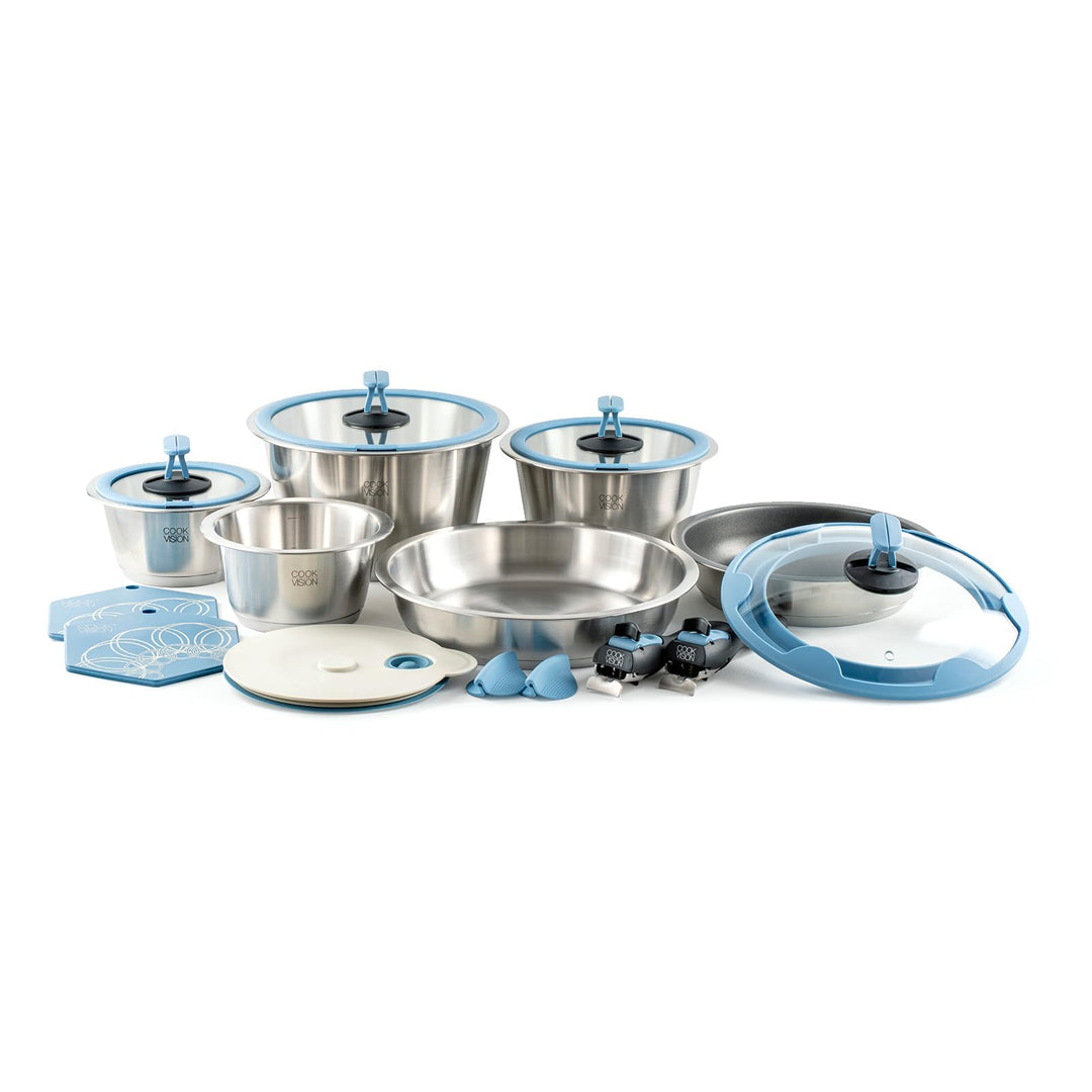 Familien-Topf-Set 17-tlg. 4x Edelstahltöpfe für alle Herdarten, 3x Glasdeckel, 2x Pfannen, 2x Griffe