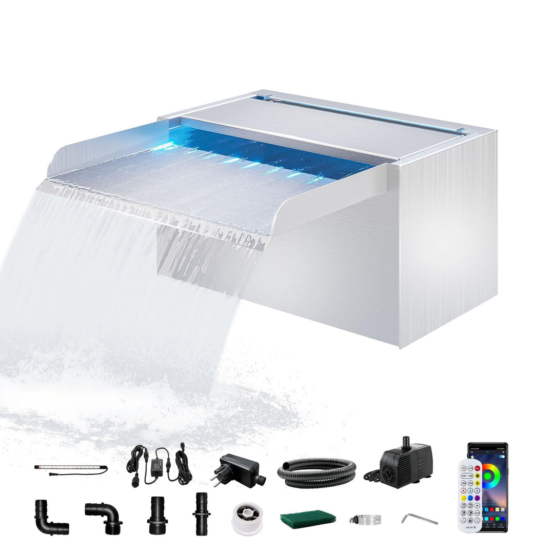 LONGRUN 23cm Teich-Wasserfall,304 Edelstahl Pool-Wasserfall mit Wasserpumpe,7 Farben Bluetooth LED G