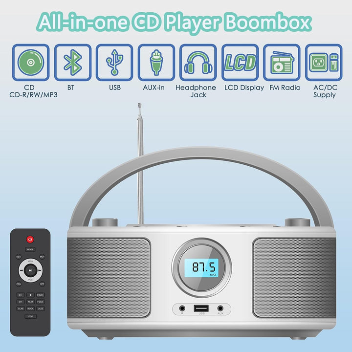 WISCENT Tragbares CD Radio (CD-Player, Boomboxen, UKW Radio, USB, Kopfhöreranschluss, AUX-In),CD Spi