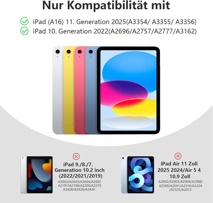 Hülle mit Tastatur für iPad 11 Generation A16/10 Generation (11/10.9 Zoll, 2025/2022), 7-farbige Bel