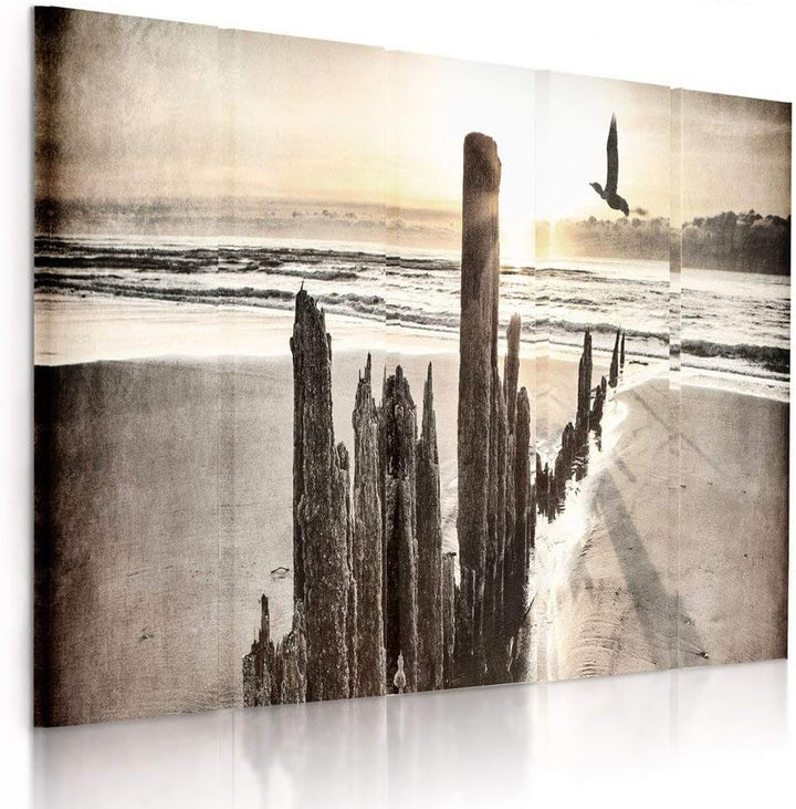 Feeby Frames, Leinwandbild Bilder Wand Bild - 5 Teile - Wandbilder Kunstdruck (WELLENBRECHERS, BRAUN