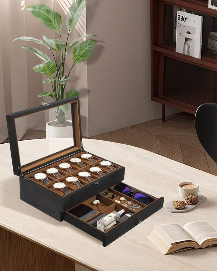 Uten Uhrenbox mit 10 Fächern, 2 Ebenen Uhrenkasten aus Massivholz mit Glasdeckel, Uhrenkissen Seiden