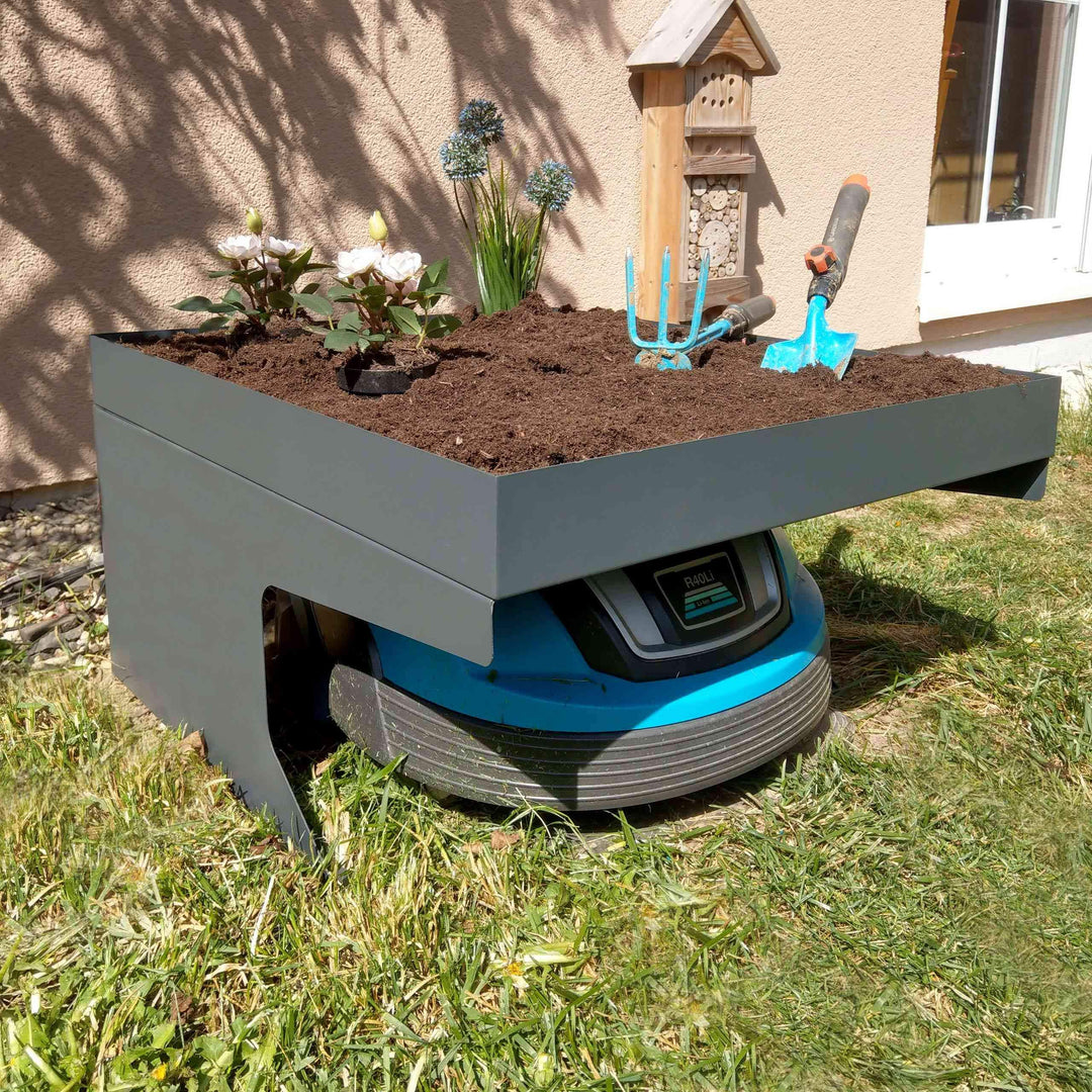 Mähroboter-Garage mit Pflanzkasten HWC-G60AM, Dach Unterstand für Rasenmäher, Metall 37x60x70cm - an