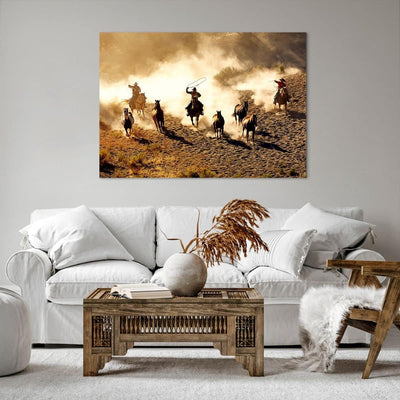 ARTTOR Bilder auf Leinwand 100x70cm Leinwandbild Cowboys Pferde Galopp Gross Wanddeko Bild Schlafzim