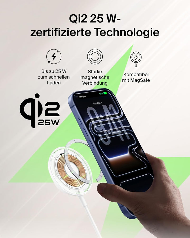 Belkin UltraCharge Wireless Charger mit Qi2 25W, Kompatibel mit MagSafe Ladegerät mit Passiver Kühlt