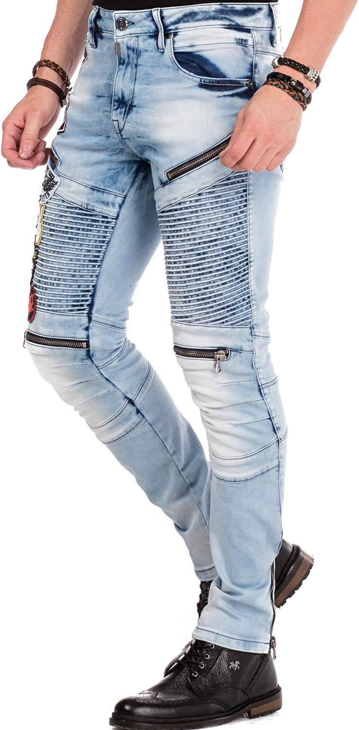 Cipo & Baxx Herren Jeanshose Biker STYL Slim Fit Denim Design Aufnähern Straight Fit Jeans Hose CD49
