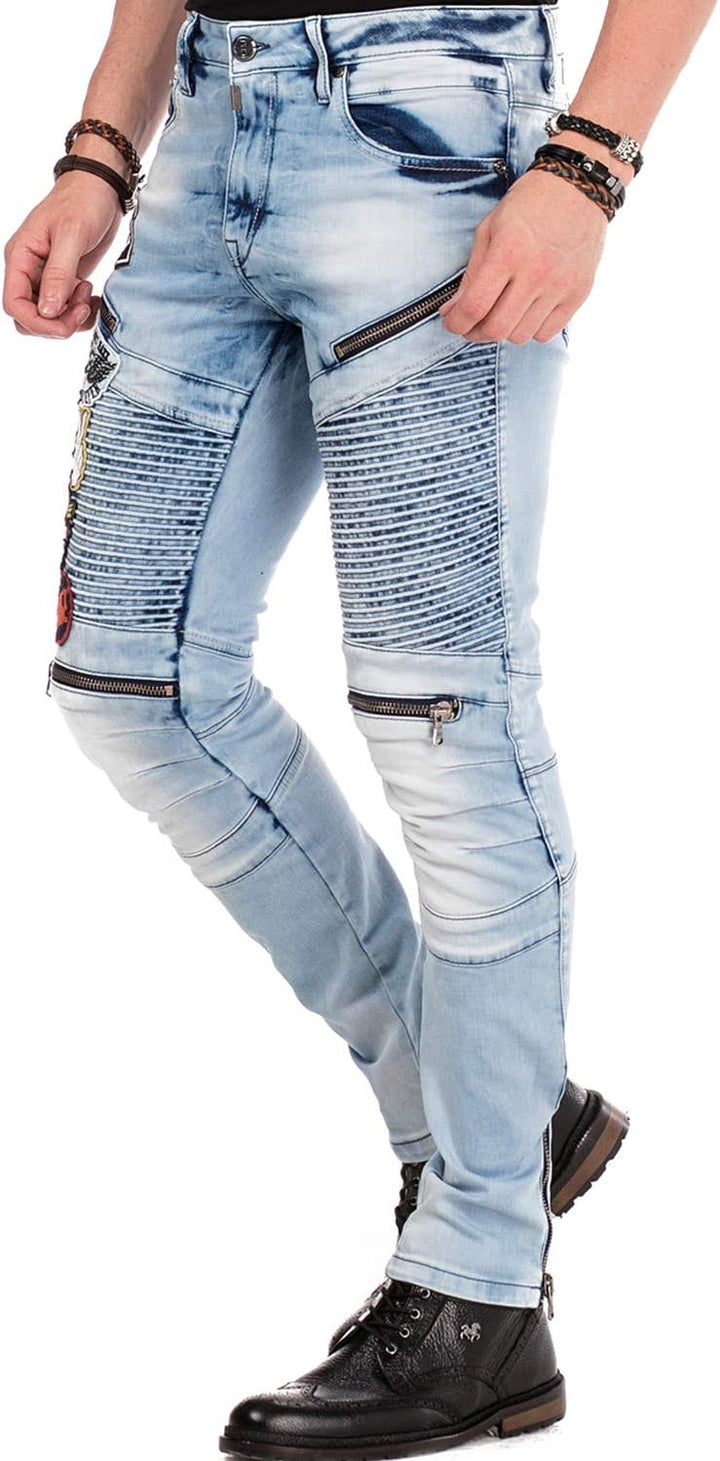 Cipo & Baxx Herren Jeanshose Biker STYL Slim Fit Denim Design Aufnähern Straight Fit Jeans Hose CD49