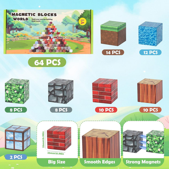 Euakee Magnetische Bausteine, 64 Stück Magnetic Blocks, Bauen Magnetbausteine Welt, Kreative Kinders
