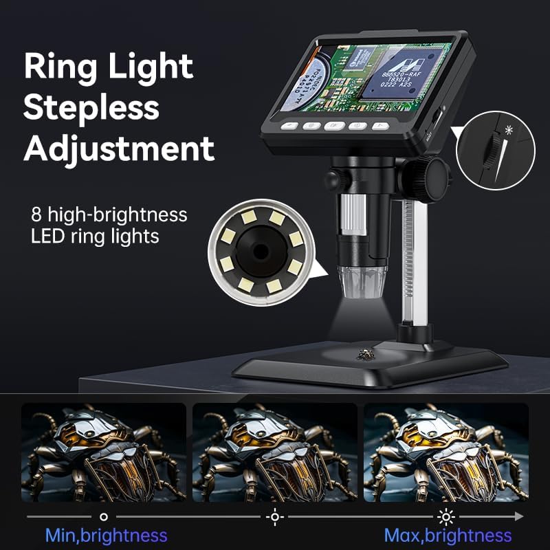 Ashfly Mikroskop, LCD Digital Mikroskop 500X 4,3-Zoll 1080P USB Mikroskop mit 8 einstellbaren LED Li