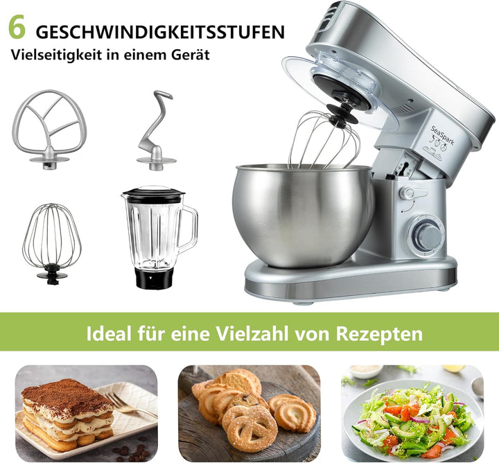 Küchenmaschine, 6 L Knetmaschine 1200W, 6 Geschwindigkeits Küchenmaschine, Teigmaschine mit Rührhake