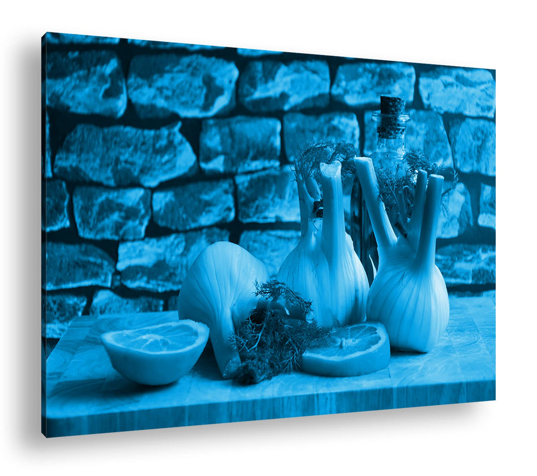 deyoli appetitlicher Fenchel mit Zitronen Format 100x70 Effekt: Monocrome Blau als Leinwandbild, Mot
