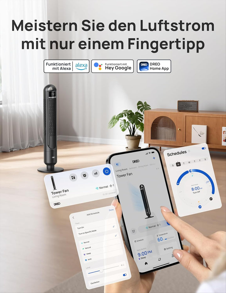 DREO Smart Turmventilator fürs Schlafzimmer, leiser Standventilator mit 28 dB, Luftreichweite bis 8,