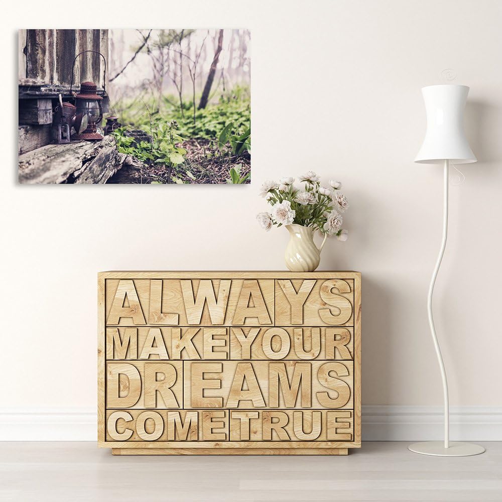 Feeby Frames, Leinwandbild, Bilder, Wand Bild, Wandbilder, Kunstdruck 50x70cm, LATERNE, HÜTTE, WALD,