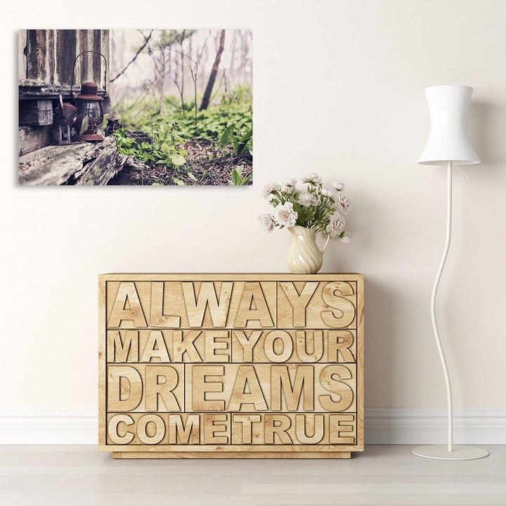 Feeby Frames, Leinwandbild, Bilder, Wand Bild, Wandbilder, Kunstdruck 50x70cm, LATERNE, HÜTTE, WALD,