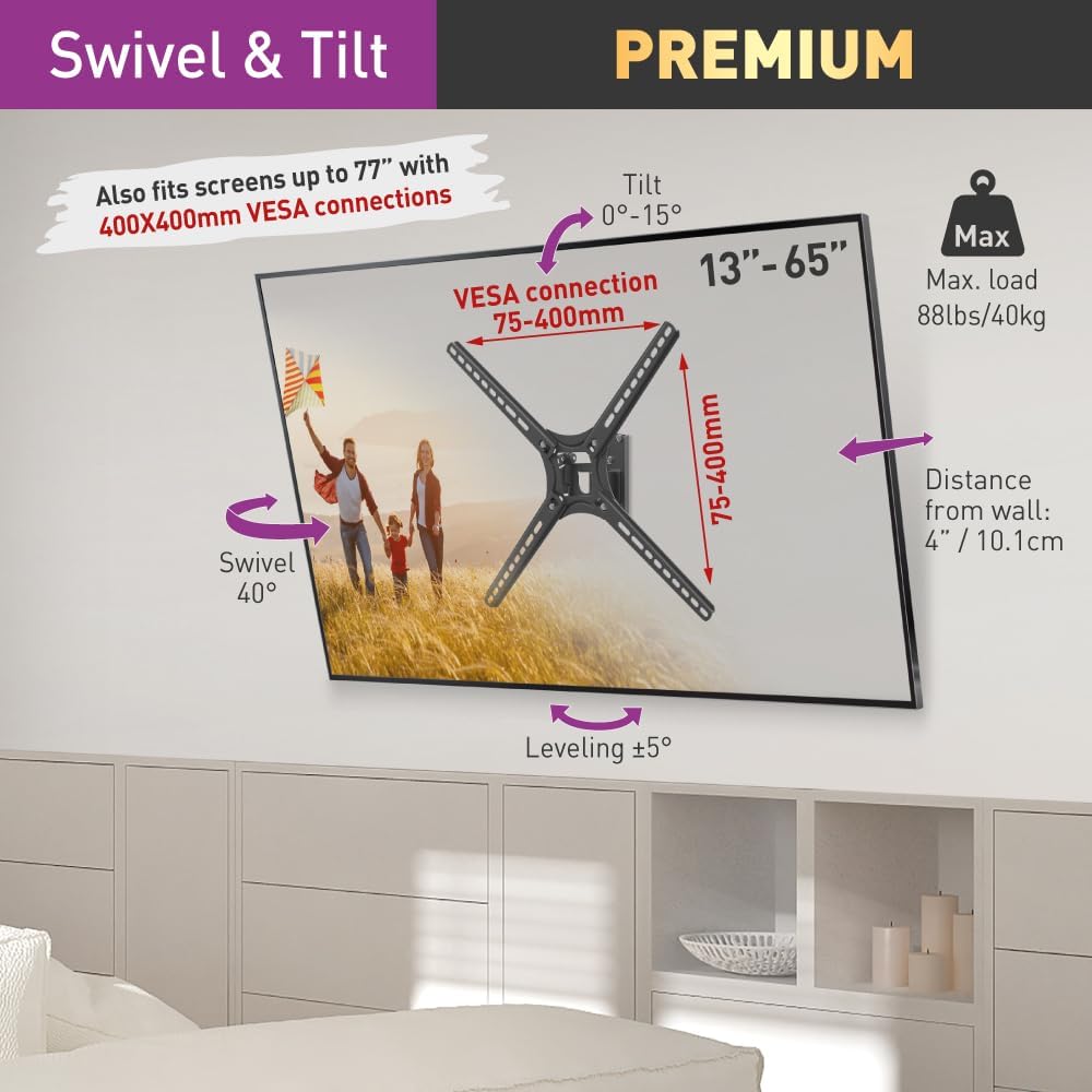 Barkan 97cm Lange Weiss TV Deckenhalterung, 13-65 Zoll Neigbar Fernseher TV Halterung, hält bis 40Kg
