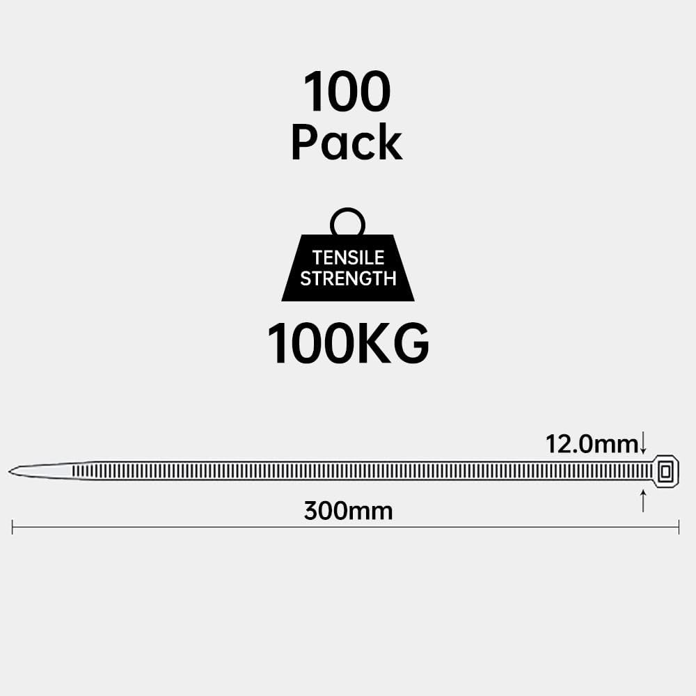 Oksdown 300mm × 12,0mm Breit 100 Stück Extra Stark Kabelbinder mit 100 kg Zugfestigkeit Schwarz UV-B