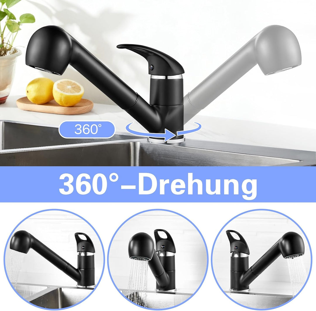Namuoto Küchenarmatur Ausziehbar Schwarz,360° Drehbar Wasserhahn Küche,Armatur Küche mit 2 Wasseraus
