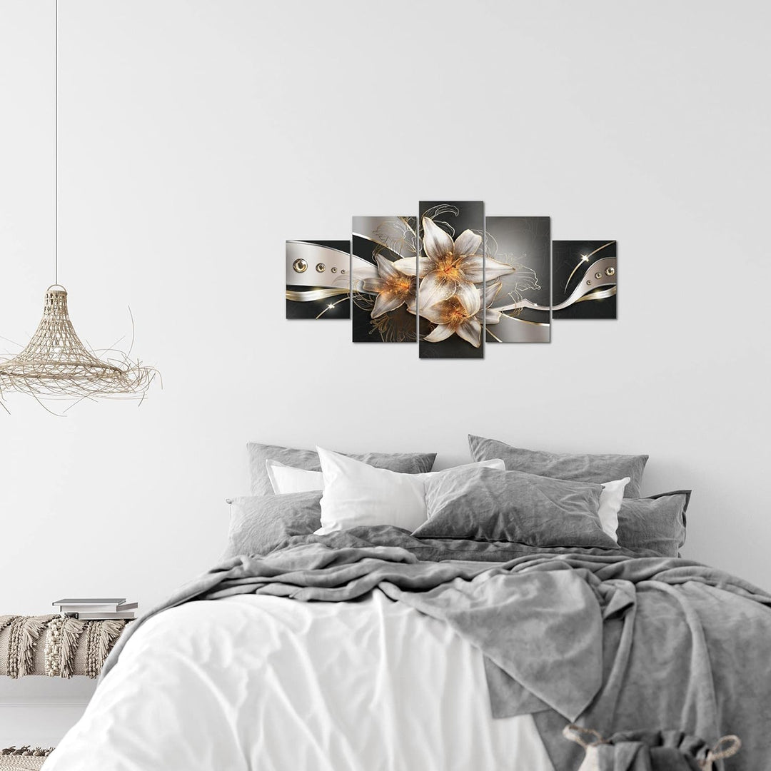 Runa Art Wandbilder Blumen Lilien 5 Teilig Bild auf Vlies Leinwand Deko Wohnzimmer Abstrakt Gelb Gol