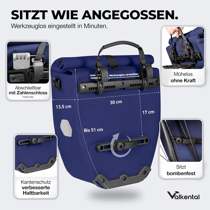 Valkental - Grosse &amp; wasserdichte Gepäckträgertasche - 20L Füllvolumen - Fahrradtasche für Gepäckträ