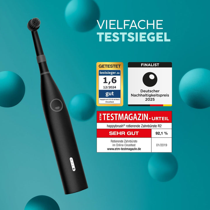 happybrush® Elektrische Zahnbürste Eco R2 - Nachhaltige rotierende Zahnbürste mit Power-Akku inkl. 3