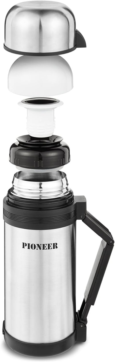 Pioneer Outdoor-Isolierflasche aus Hochwertigem Edelstahl mit Griff und Tasse 1,2 L Doppelwandig Aus