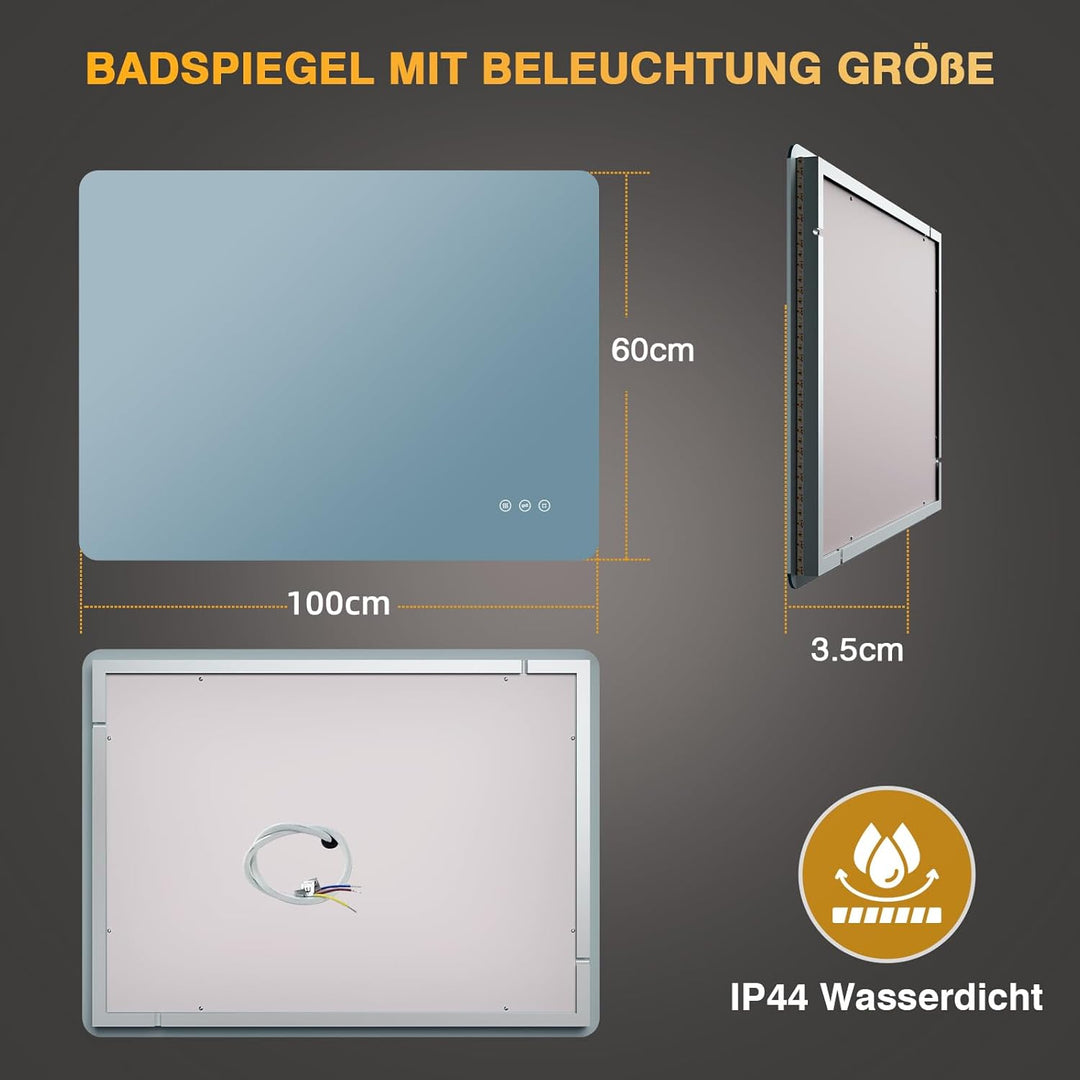 Badezimmer Spiegel mit Beleuchtung, Led Bad Spiegel mit Licht, 3 Lichtfarben, Dimmbar, Antibeschlag,
