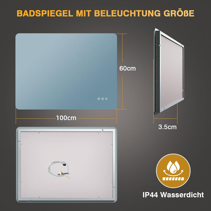 Badezimmer Spiegel mit Beleuchtung, Led Bad Spiegel mit Licht, 3 Lichtfarben, Dimmbar, Antibeschlag,