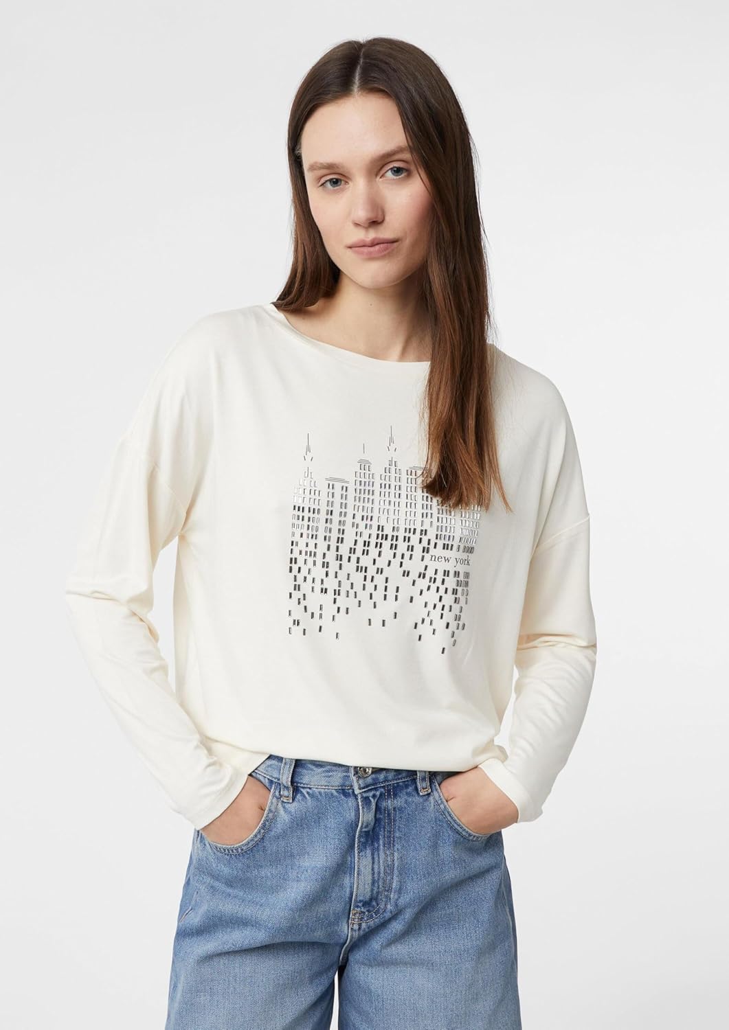 Comma Langarmshirt mit Frontprint und Strassdetails 42 04l0_creme, 42 04l0_creme