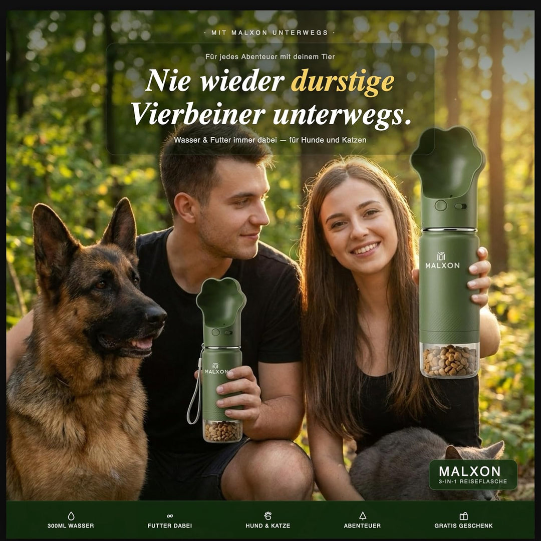 3-in-1 Trinkflasche Hunde für unterwegs – Wasserflasche mit Futterbehälter & Trinknapf – 300ml – Aus