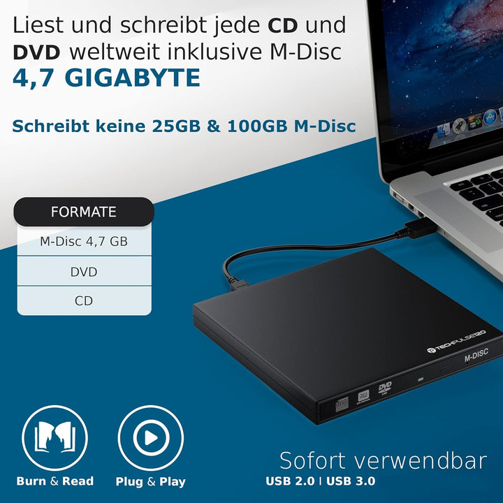 techPulse120 externer USB 3.0 DVD CD M-Disc Brenner Burner Laufwerk Slim SuperDrive DVDRW CDRW ROM f