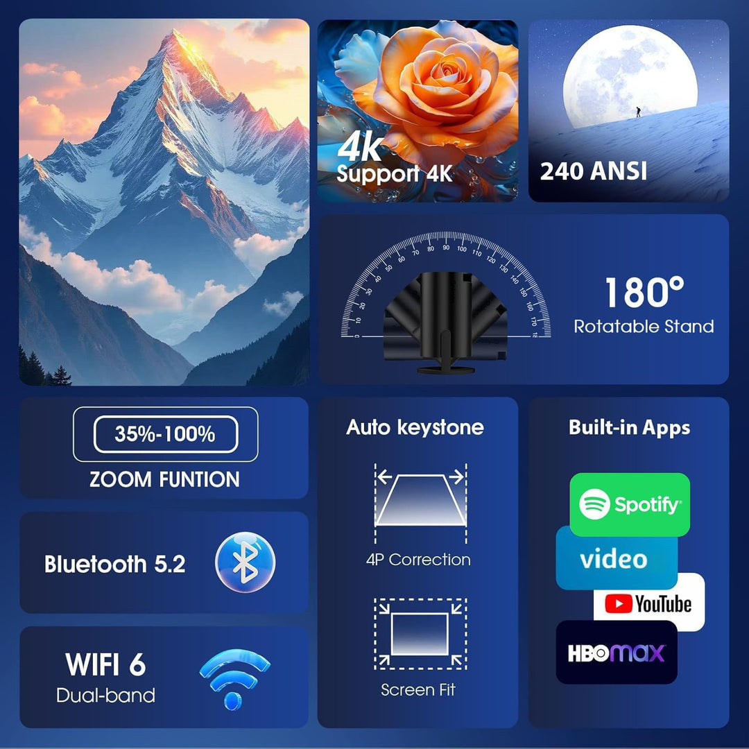 Mini Beamer 4K Full HD 1080P mit Apps Projektor, Smart Beamer mit WiFi 6 und Bluetooth 5.2 Auto Keys