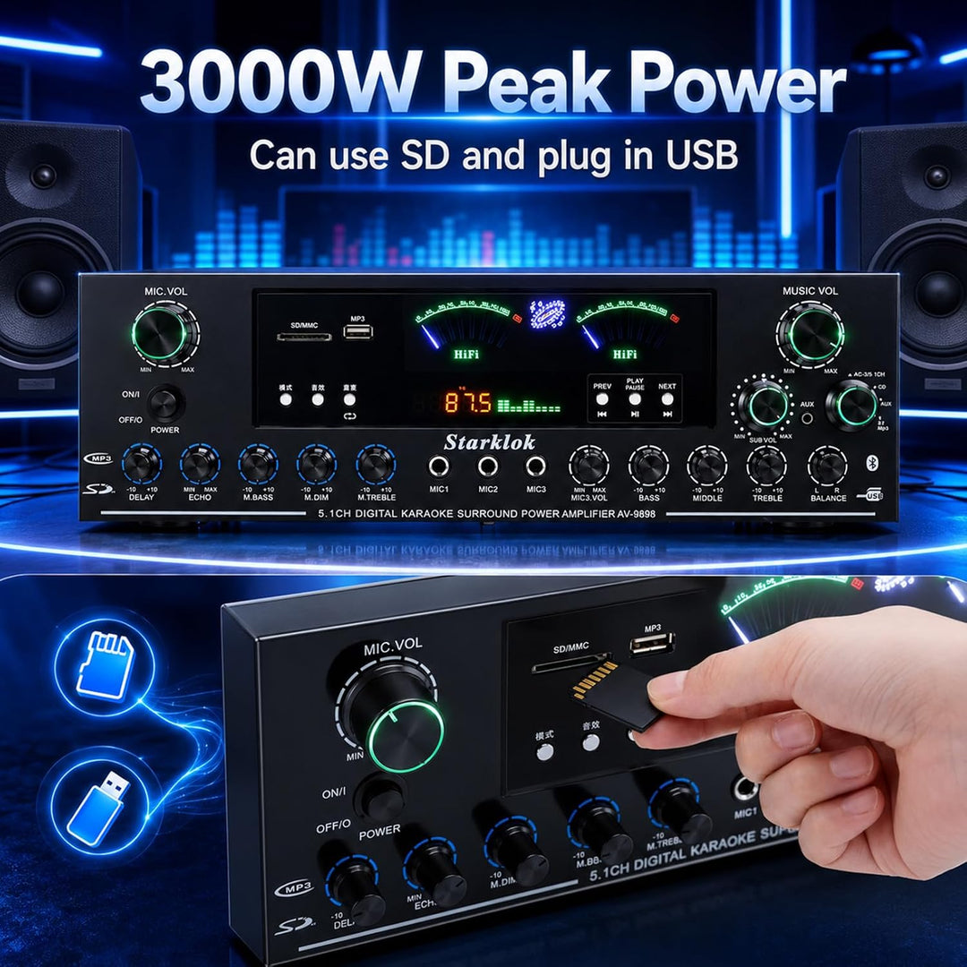 Bluetooth Verstärker 3000W Spitzenleistung – Hifi Verstärker 5.1 Kanal Heimkino, Stereo Verstärker m