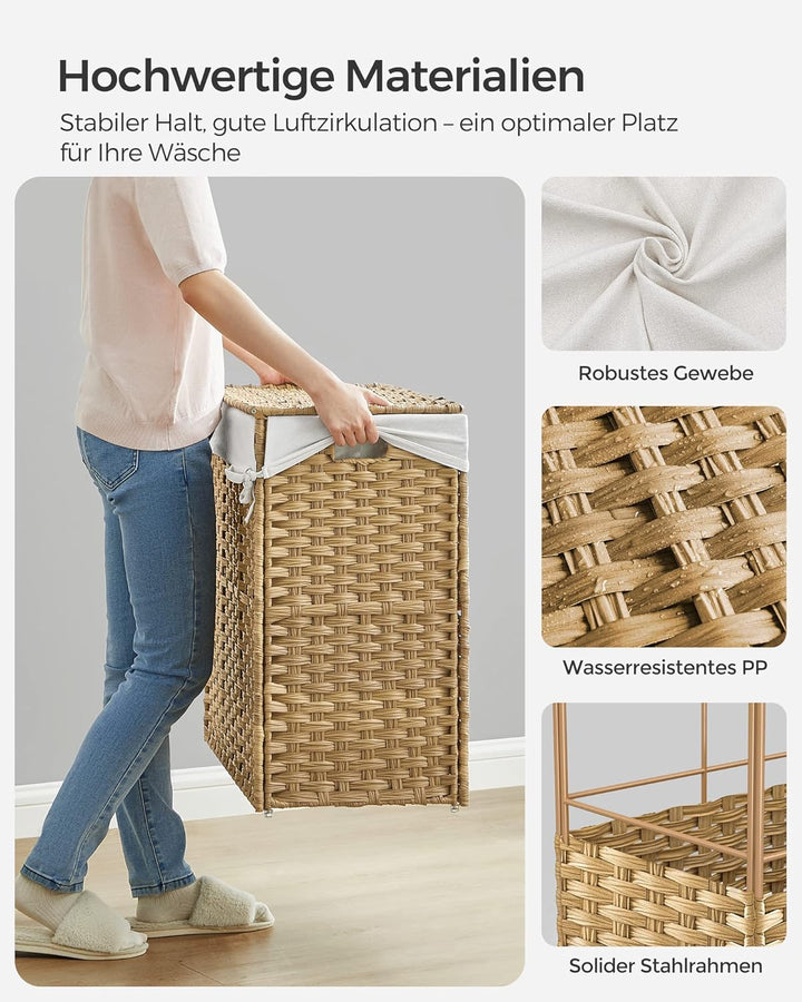 SONGMICS 140L Wäschekorb handgeflochten, Wäschesammler mit Deckel, mit 3 Fächern, faltbar, mit Räder
