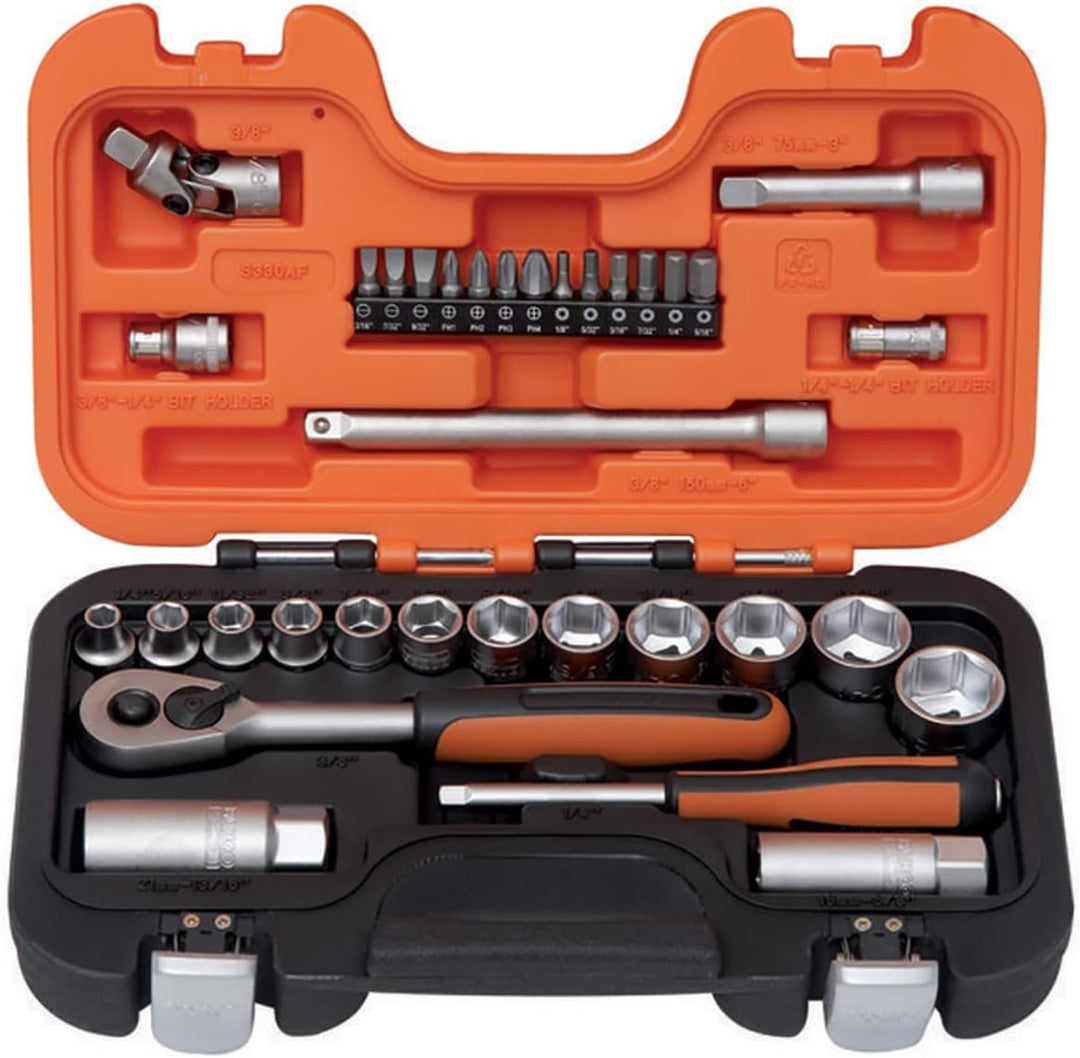 Bahco S330AF Steckschlüssel-Satz 3/8 y 1/4", 34 Stück 1/4 Plus 3/8-Inch Bunt, 1/4 Plus 3/8-Inch Bunt