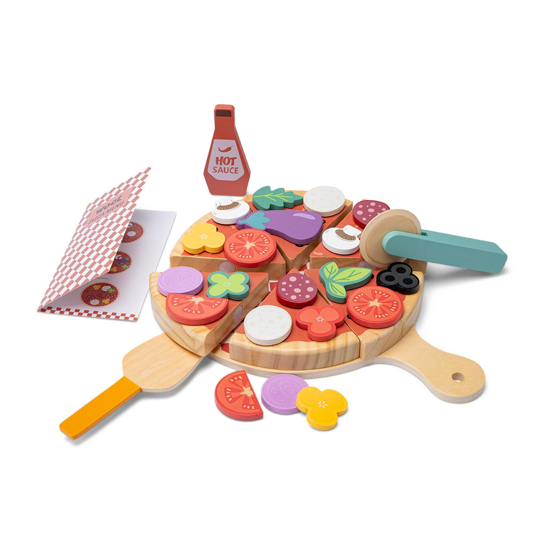 Woet® Holz Pizza Spiellebensmittel Set, 32 Teile mit Belag, Pizzaschneider, Servierbrett, Menükarte