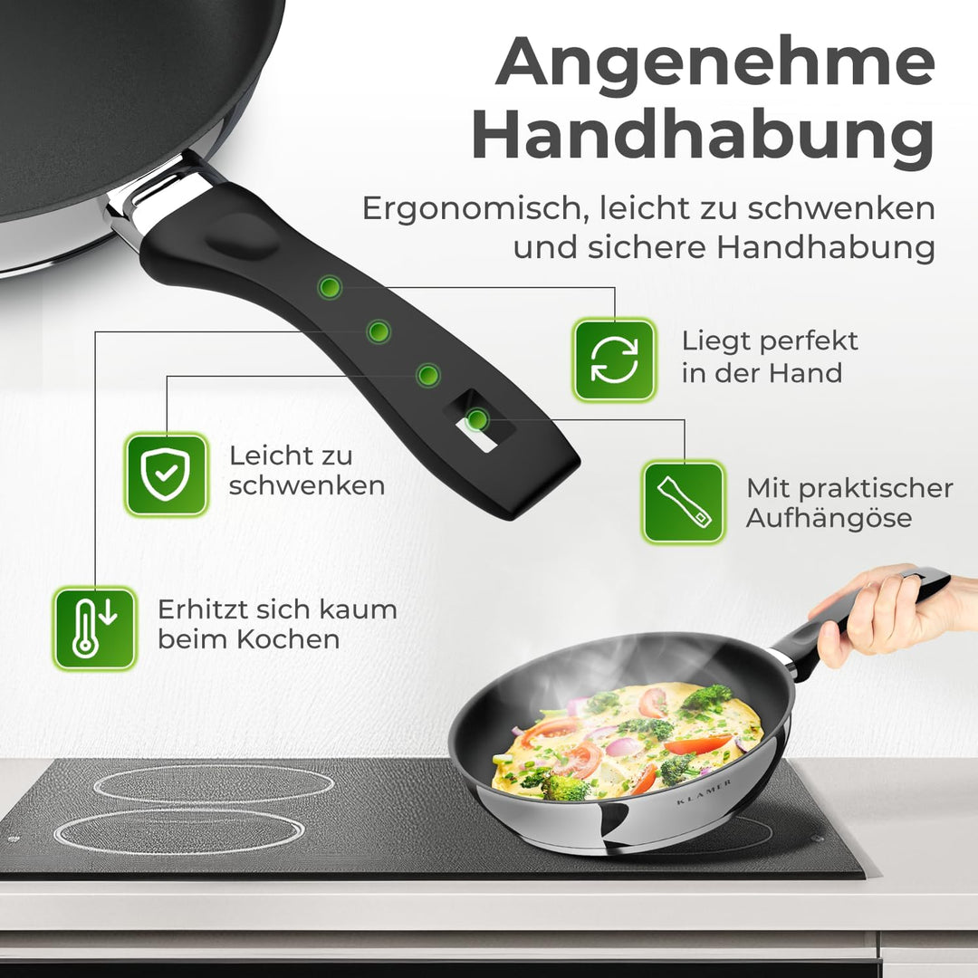 KLAMER Pfanne 24 cm, Profi Edelstahl-Bratpfanne, Induktionspfanne mit Premium Beschichtung, Pfanne 2