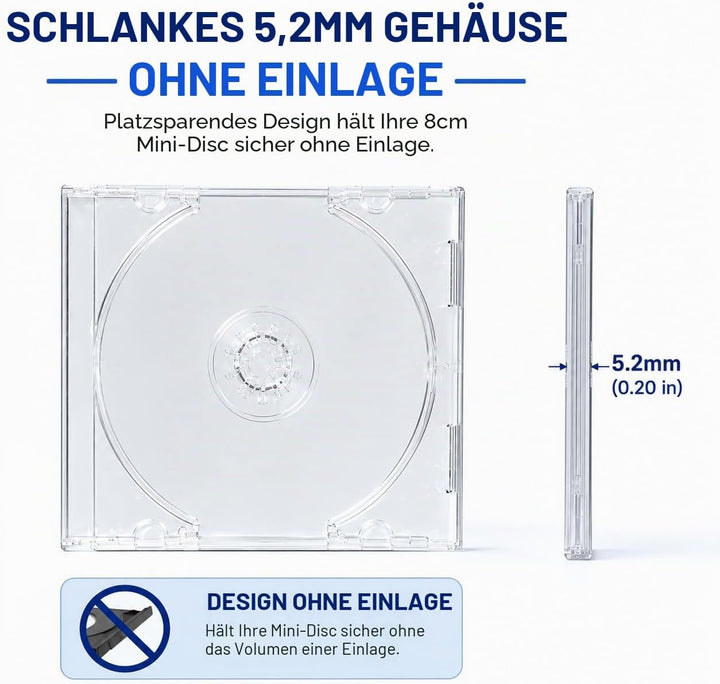 10 x einzelne 8 cm CD-/DVD-Disc-Hülle, schmal, transparent, 5,2 mm Mini-Disc-Aufbewahrungsbox, krist